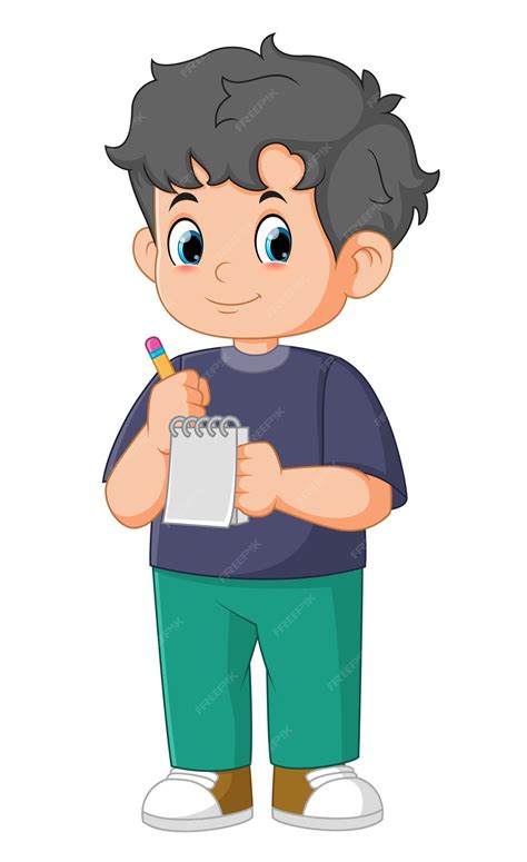 Niño de dibujos animados sosteniendo un cuaderno y un lápiz | Vector ...