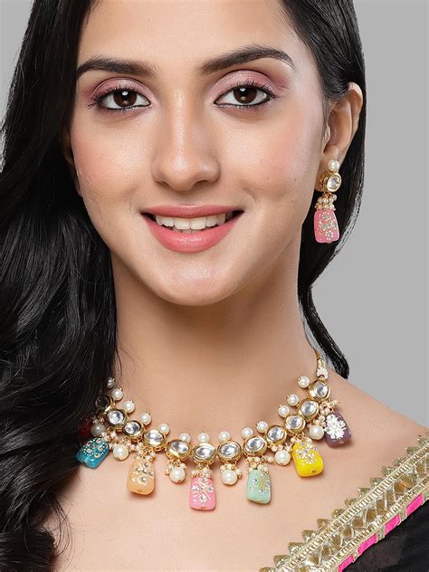 KARATCART Gold Plated Polki Choker Multi Jewellery Set for Women