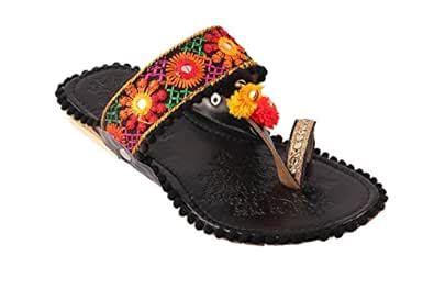SHREE OL Women's Kolhapuris Rajasthani Jaipuri Work Slippers (Black ...