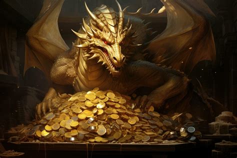 AI generated Golden dragon and gold coins in the dark. The concept of ...