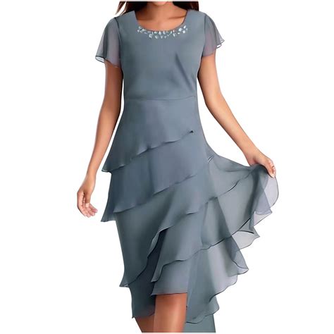 Women's Layered Chiffon Wedding Guests Dress Summer Elegant Short ...