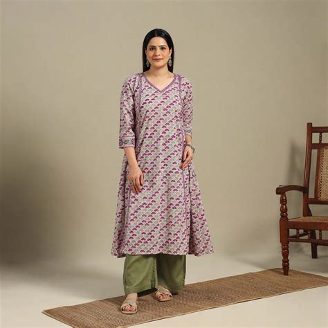 Purple Block Print Cotton A-Line Sanganeri Kurta