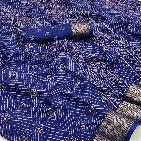 Navy Blue Geometric Printed Dola Silk Saree With Jacquard Border