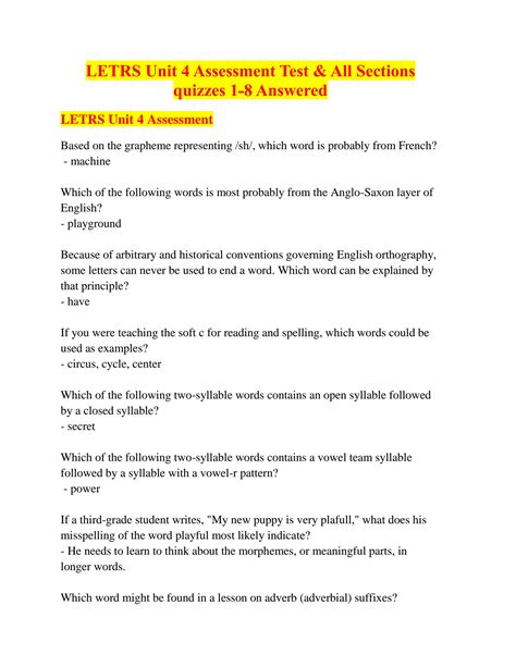 SOLUTION: Letrs unit 4 assessment test all sections quizzes 1 8 ...
