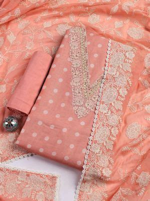 Buy MEENA BAZAAR Peach Embroidered Linen Unstitched Kurta with ...