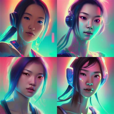 Beautiful gamer Asian girl made of some high detail neon glitches ...