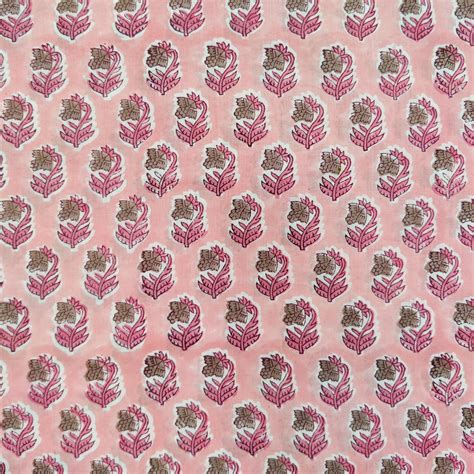 Pre Cut (0.80 Meter) Pure Cotton Jaipuri Peach With Brown Flower Bud H ...