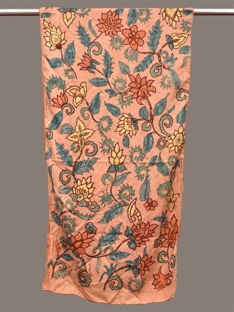 Light Orange Kalamkari Hand Painted Sico Stole with Floral Design ds32 ...