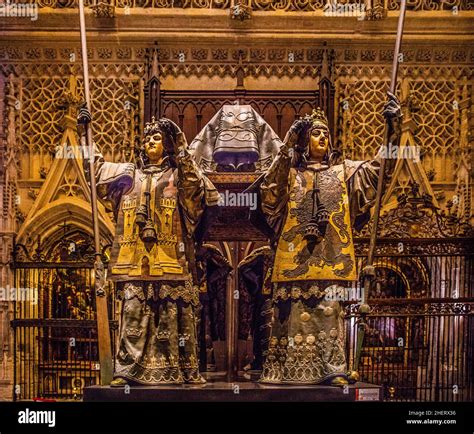 Mausoleum of Christopher Columbus with four pallbearers representing the Spanish kingdoms of ...