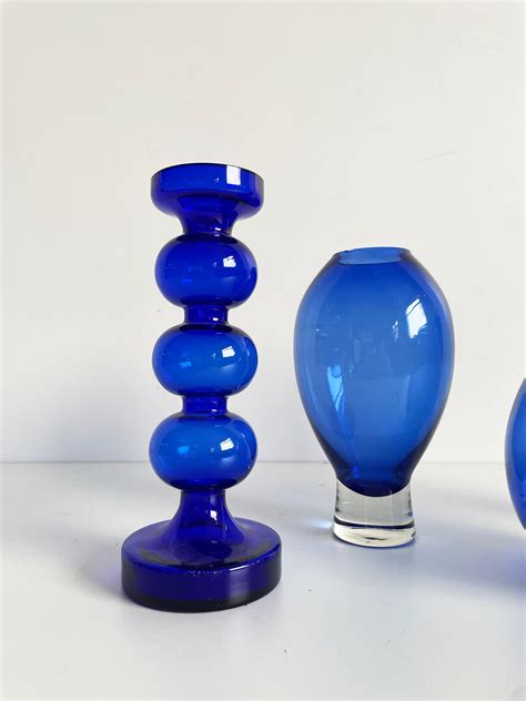 Collection of Scandinavian Art Glass, Set of 4 diverse Blue Glass Vases ...