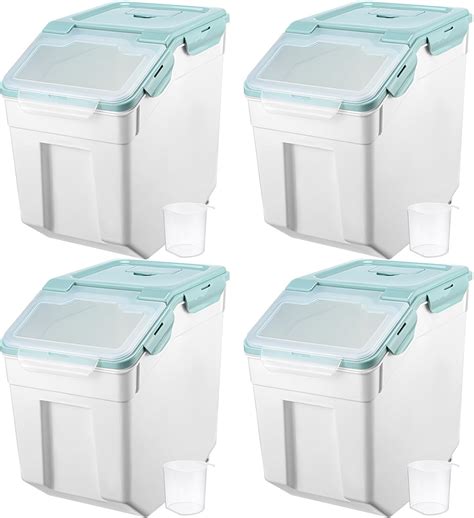 Sunnyray 4 Pcs 55 lbs Grain Rice Storage Container Blue Flour Bin with Wheels Cup Leak Proof Pet ...