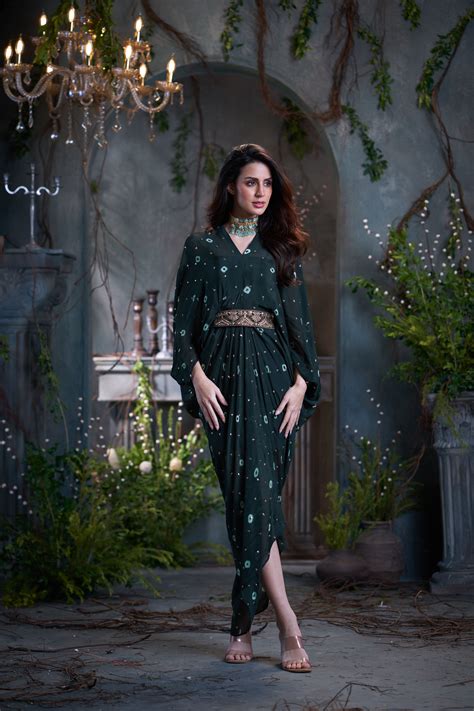 Bottle Green Chinon Batik Midi Dress With Belt – The Arab Crab