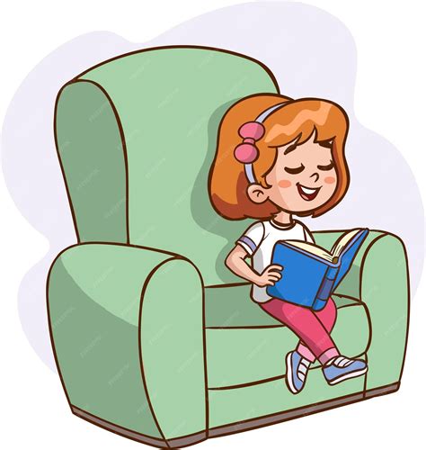 Premium Vector | Cartoon little girl reading a book sitting on sofa