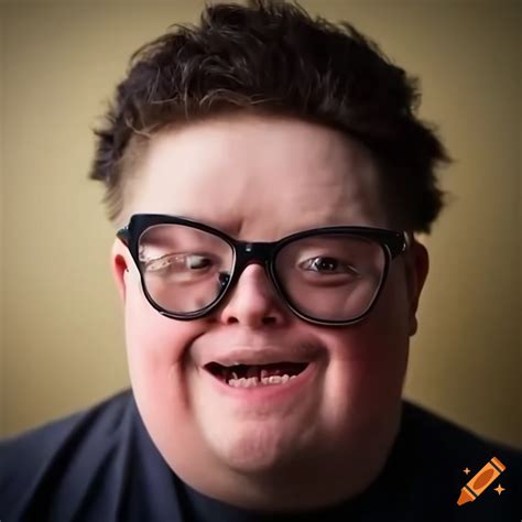 Man with Down's syndrome laughing and wearing thick-rimmed glasses on Craiyon