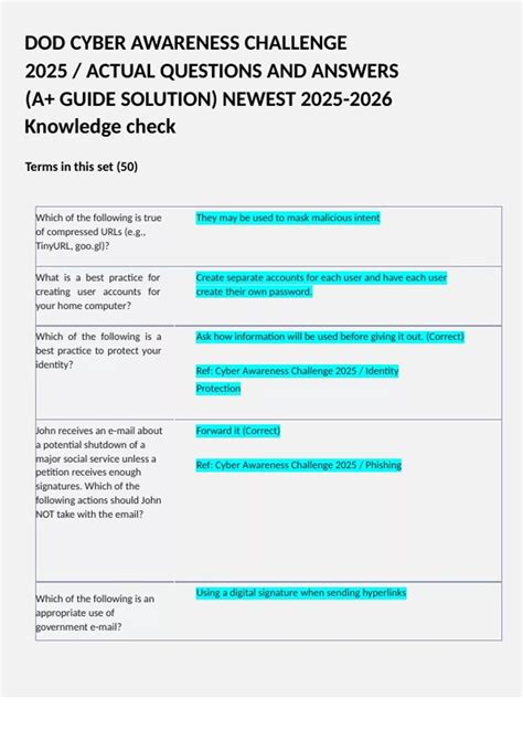 DOD CYBER AWARENESS CHALLENGE 2025 / ACTUAL QUESTIONS AND ANSWERS (A+ ...