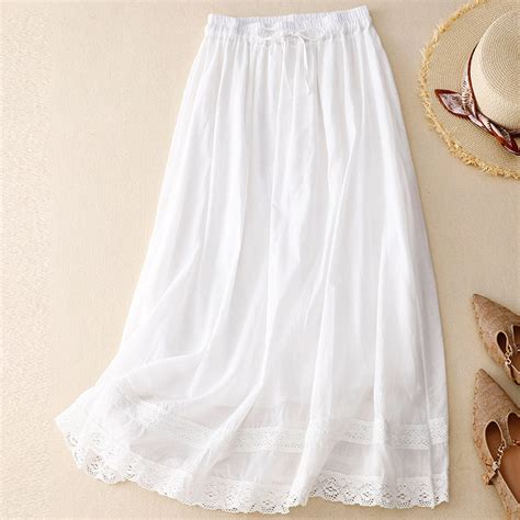 Mrat Linen Skirts Women's Summer Loose Retro Elastic Waist Full Length ...