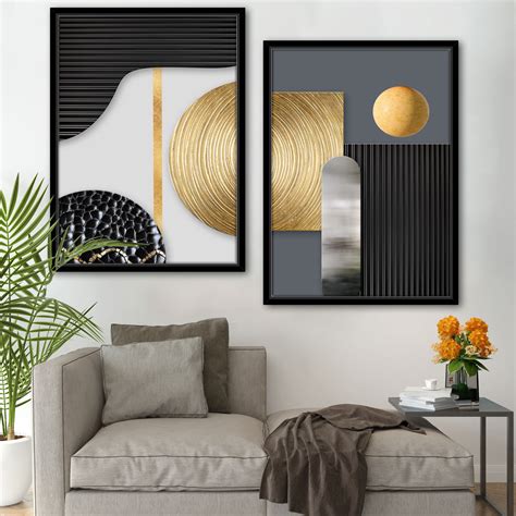 Abstract Retro Black Gold Tree Ring Radial Lines Set of 2 Canvas Paint ...