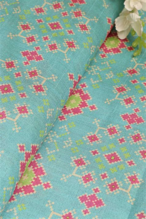 Blue Patola Design Tussar Silk Fabric - Digital Print ( 1 Mtr )