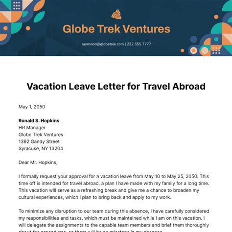 Vacation Leave Letter for Travel Abroad Template - Edit Online ...
