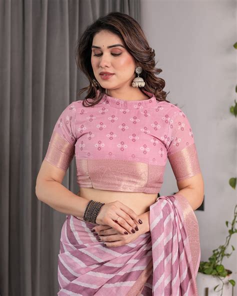 Dusty Pink Linen Handloom Saree with White Geometric Stripes & Tribal ...