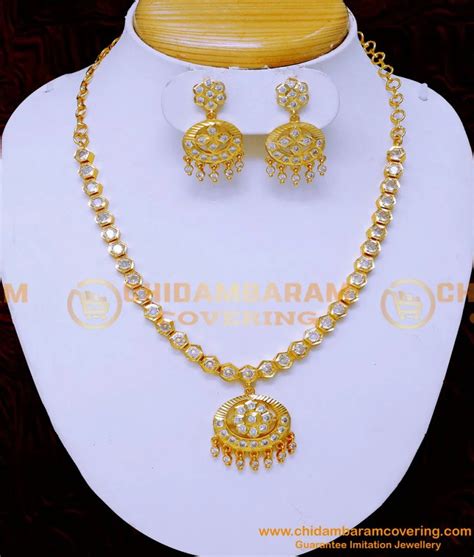 Buy Gold Design White Stone Traditional Impon Necklace with Earrings