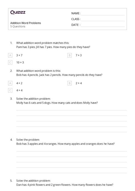 50+ Addition Word Problems worksheets for 1st Class on Quizizz | Free ...
