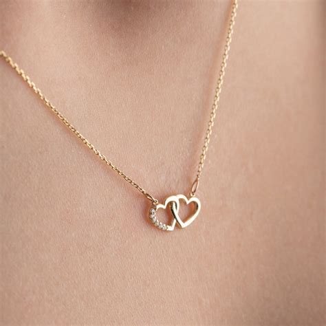 14K Solid Gold Double Heart Necklace, Solid 14K Gold Heart Necklace for ...