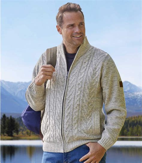 Men's Fleece-Lined Knitted Jacket - Ecru | Atlas For Men
