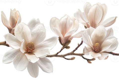 AI generated Soft white magnolia flowers in full bloom on branch on ...