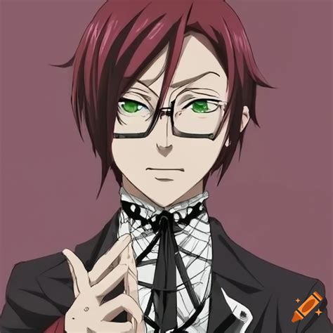 Cosplay of a Black Butler character in a maroon and black suit on Craiyon