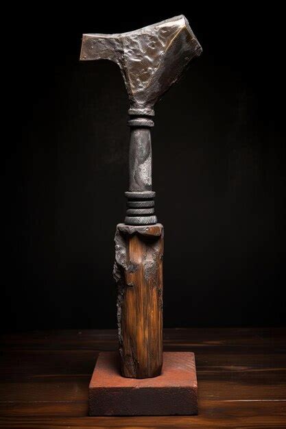 A small hammer is standing on a wooden surface in the style of ...
