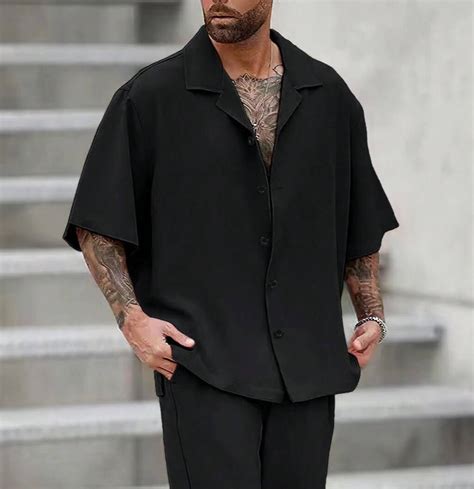 Men's Black Solid Color Lapel Neck Short Sleeve Shirt – Roar Fox