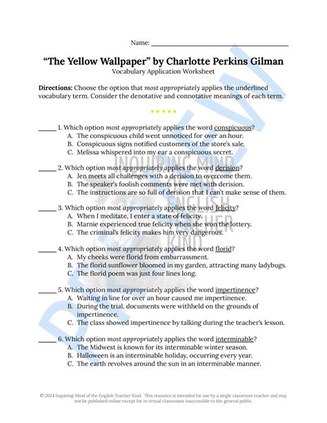"The Yellow Wallpaper" by Charlotte Perkins Gilman Vocabulary Games ...
