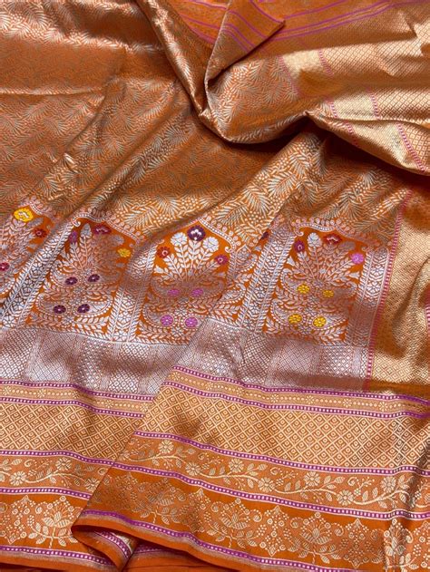 Orange Handwoven Pure Banarasi Silk Saree – HMR Handlooms