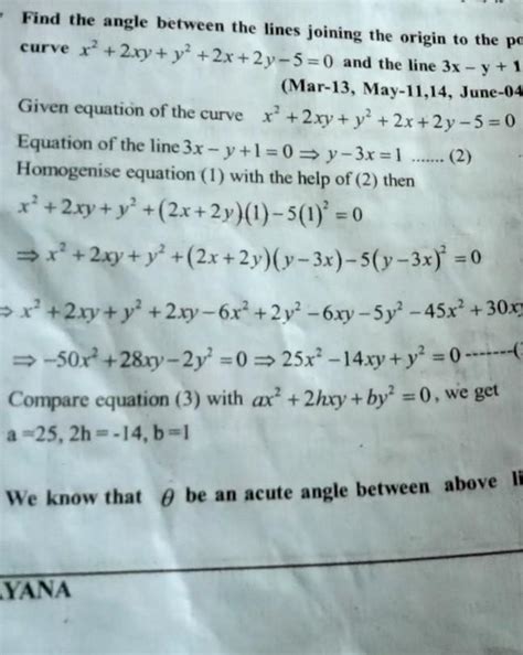 Find the angle between the lines joining the origin to the points of ...