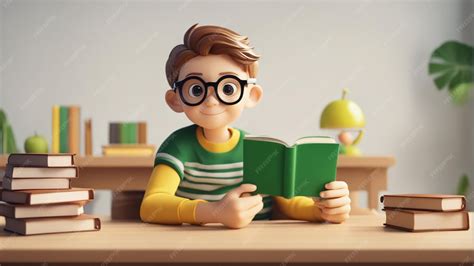 Premium AI Image | Back to School a little cartoon boy stack of books eager to learn on the table