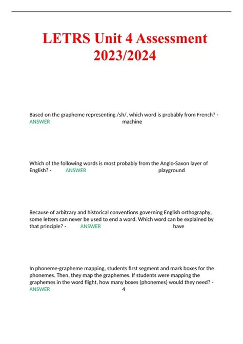 LETRS Unit 4 Assessment 2023/2024 - Letrs - Stuvia US