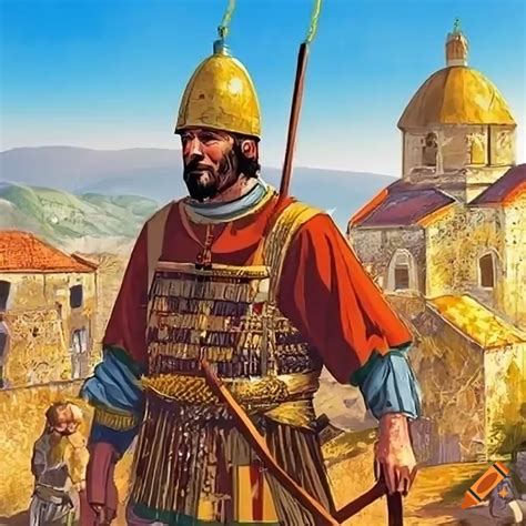 Detailed artwork of a Byzantine soldier inspecting a Greek fort on Craiyon