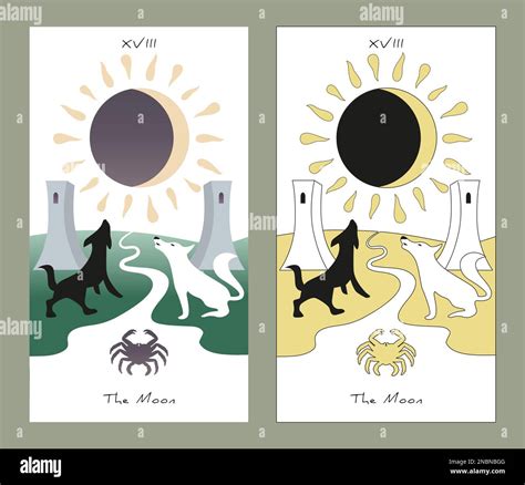 Major Arcana Tarot Cards. Stylized design. The Moon. Two dogs howling ...