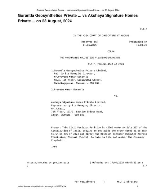C.R.P.(PD) No.4848 of 2024: Gorantla Geosynthetics vs Akshaya Homes ...
