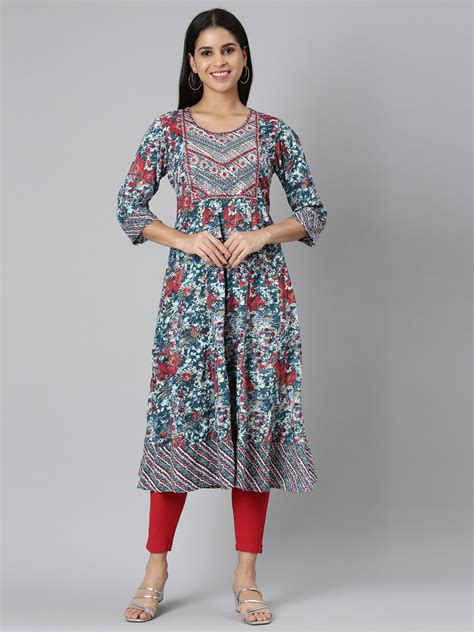 Neerus Green Casual Floral Anarkali Kurta – Neerus India