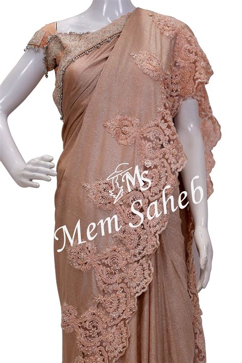 Saree Peach Designer with Crochet Embroidery Lace - MemSaheb