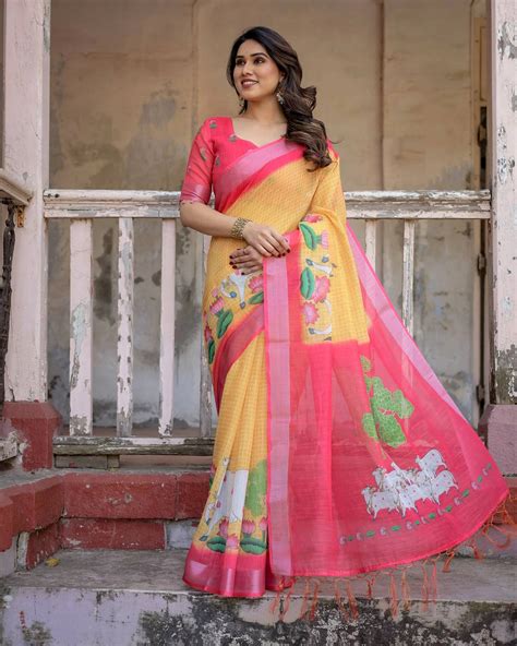 Yellow Printed Soft Linen Cotton Saree – Kalyanja