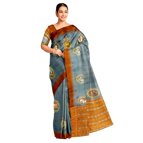 Grey Sambalpuri Silk Saree with handpainted Pattachitra motifs - Crafts ...