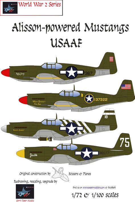 1/72 and 1/100 USAAF Mustangs with Allison engine (4) Kit Bundle Paper Model - EcardModels