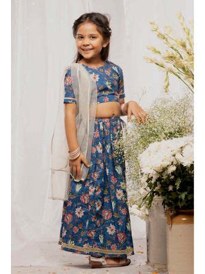 Buy TIBER TABER Girls Lehenga Printed Floral - Blue (Set of 3) Online