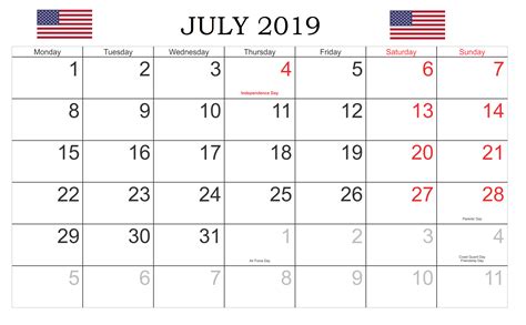 july calendar usa