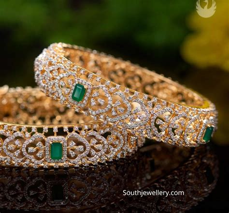 Diamond and emerald broad bangles - Indian Jewellery Designs
