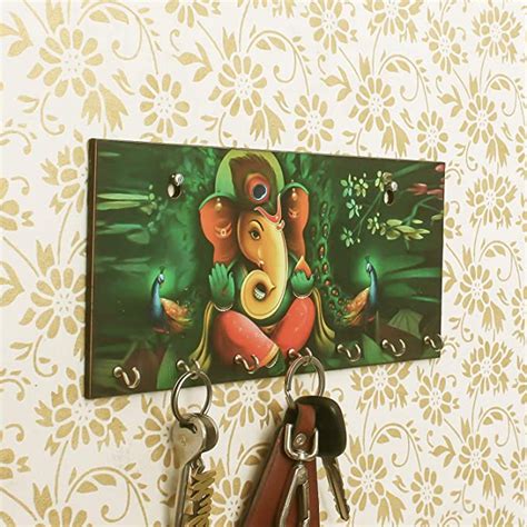 eCraftIndia Lord Ganesha Peacocks Design Wooden Key Holder for Wall ...