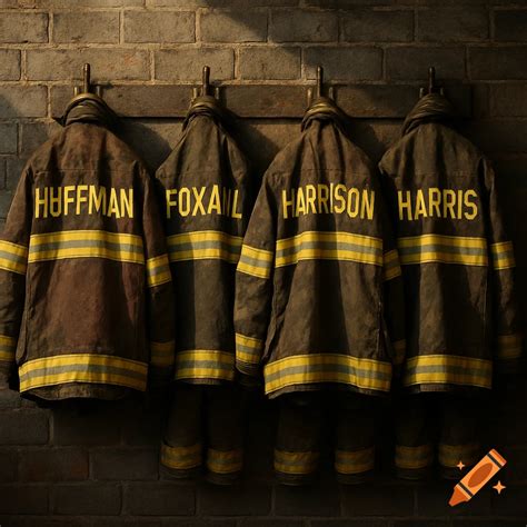 Four firefighter bunker coats with names Huffman, Foxail, Harrison ...